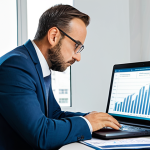 A professional man in a modest business suit, fully clothed, meticulously analyzing real estate market data on a laptop in a modern, well-lit office. Financial documents and charts are neatly spread on his desk, indicating deep market research and precise financial planning for a property purchase. He has a thoughtful expression, embodying diligent analysis. This is a professional and appropriate image, safe for work, with perfect anatomy, correct proportions, natural pose, well-formed hands, proper finger count, and natural body proportions, ensuring high-quality, family-friendly content.