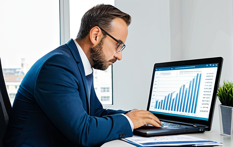 A professional man in a modest business suit, fully clothed, meticulously analyzing real estate market data on a laptop in a modern, well-lit office. Financial documents and charts are neatly spread on his desk, indicating deep market research and precise financial planning for a property purchase. He has a thoughtful expression, embodying diligent analysis. This is a professional and appropriate image, safe for work, with perfect anatomy, correct proportions, natural pose, well-formed hands, proper finger count, and natural body proportions, ensuring high-quality, family-friendly content.