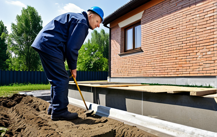 **
A professional building inspector wearing appropriate work clothes, examining the foundation of a house. The house is a typical Polish "kostka" style house in a suburban neighborhood. Fully clothed, appropriate content, safe for work, perfect anatomy, natural proportions, professional inspection scene, modest.
**