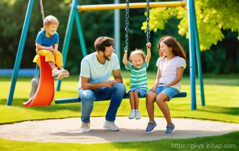 주택 구매 시 가족 구조에 따른 고려 사항 - **Prompt:** A vibrant, cheerful family enjoying a sunny afternoon at a modern, well-maintained park....