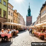 주택 구매 후 단기 임대 가능성 평가하기 - **Prompt:** A vibrant, sun-drenched street scene in the heart of Kraków, Poland, capturing the livel...