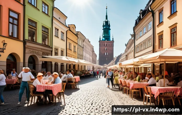주택 구매 후 단기 임대 가능성 평가하기 - **Prompt:** A vibrant, sun-drenched street scene in the heart of Kraków, Poland, capturing the livel...