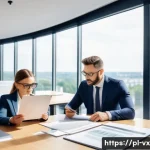 주택 구매 시 피해야 할 함정 - A professional real estate agent and a client reviewing detailed property documents and a land regis...