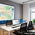 부동산 매물 검색 방법 - A detailed modern real estate office setting in Poland, showcasing a professional real estate agent ...