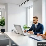 Home 18 부동산 중개업체 선택 기준 - A modern real estate agency office interior in Poland, showcasing a professional agent in business a...