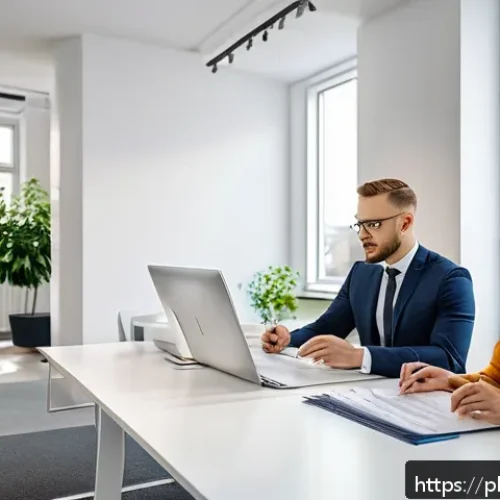 Home 30 부동산 중개업체 선택 기준 - A modern real estate agency office interior in Poland, showcasing a professional agent in business a...